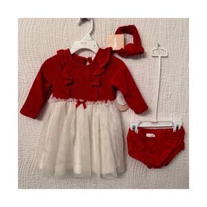 Babys Christmas Sweater Dress Set sz 12m Holiday Glitter Outfit Long Sleeve Red